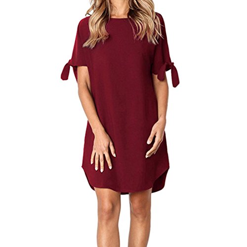 Women Dress,Caopixx Ladies Casual O-Neck Short Sleeve Evening Party Mini Dress Loose Tunic Dress (Asia Size XL, Red)