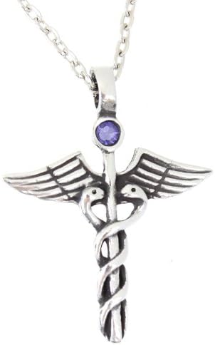 Pewter Caduceus Medical Snake Rod Pendant on Chain, Lavender Austrian Crystal June Birthday