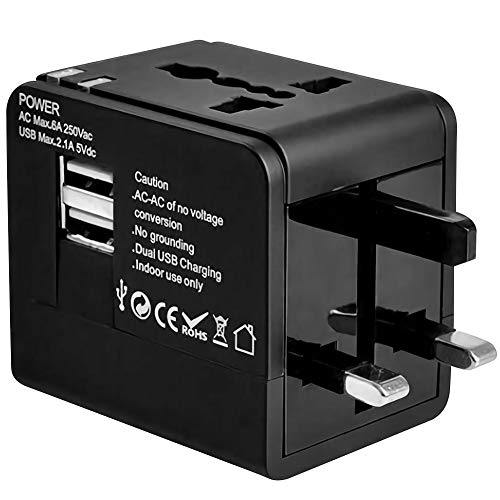 Travel Adapter, Universal Travel Adapter AC Power Plug Adapter with Dual USB Charging Interface for US UK, Europe Australia Asia, etc, Compatible with Mobile Phones and Laptops (Black)