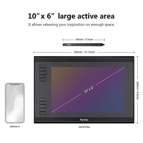 Parblo Graphics Drawing Tablet, 10x 6 Inch Pen Tablet with 8192 Levels Pressure Battery-Free Stylus for Photo Editing, Online Learning, Digital Artwork, Sketching, 10 Customizable Hot-Keys