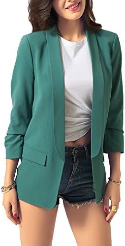 Women's Work Jacket 3/4 Ruched Sleeve Open Front Casual Office Blazer