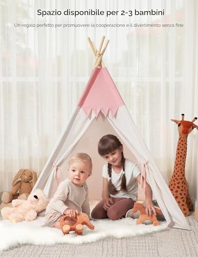 besrey Children's Play Tent Indian Canvas Teepee Cotton with Padded Mat and Fairy Lights (Pink and White)