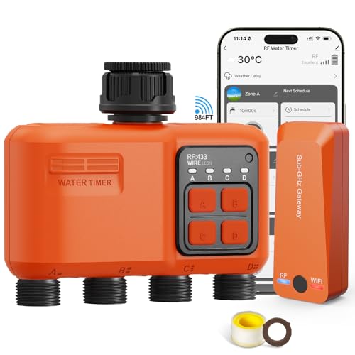 XinFuture Irrigation Computer WLAN 4 Outputs with 300 m RF, Strong Wall Penetration, Automatic Smart Watering Clock with APP/Voice Control, Irrigation System Rain Delay for Garden