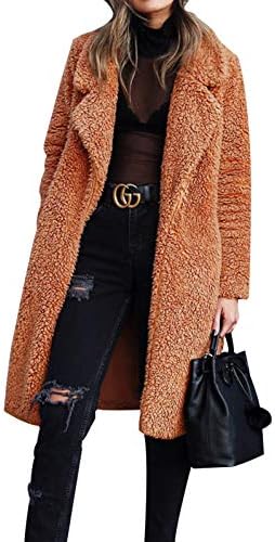 Gzbinz Women Fuzzy Fleece Coat Open Front Cardigan Lapel Long Coats Outwear Winter Warm Jacket S-3XL