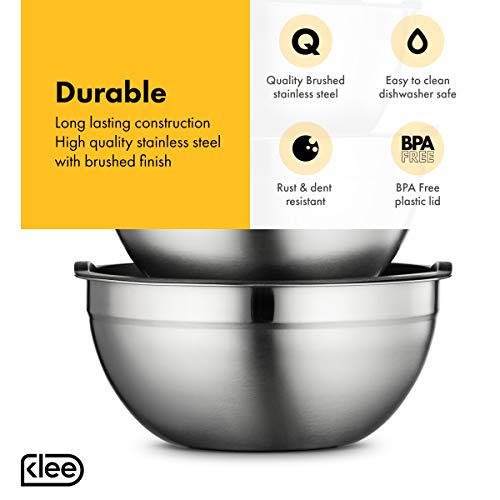 Klee Stainless Steel Mixing Bowls Set of 5 - Mixing Bowls with Airtight Lids for Kitchen - Mixing Bowls with Measurements - Nesting Mixing Bowls Set - Stackable Mixing Bowls for Food Storage