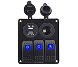 Iztoss 3 gang rocker switch panel with power socket 3.1A dual USB wiring kits and Decal Sticker Labels DC12V/24V for Marine Boat Car Rv Vehicles Truck blue led S697-709-B