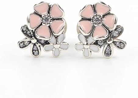 TS Floral silver stud earrings with clear CZ white and pink enamel