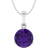 Clara Pucci 14K White Gold Plated Solitaire 16" Box-Chain Necklace - Sterling Silver 2ct Round Cut Amethyst Pendant