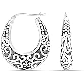 LeCalla 925 Sterling Silver Bali-Style Hoop Earrings Lightweight Click-Top Antique Two-Tone Beaded Italian Bali Style Earring Hoops for Women