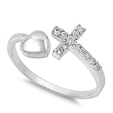 Love of Jesus Cross Heart Cubic Zirconia Ring Sterling Silver (Sizes 4-10)