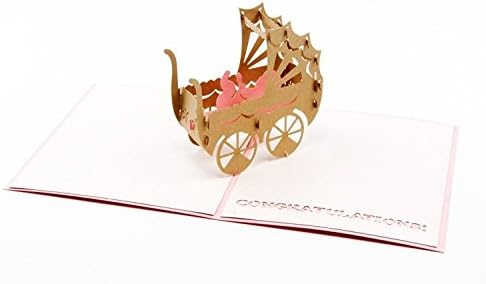 3D Pop Up Handmade Cards Creative Greeting Cards Papercraft ( Welcome Baby Girl with 3D Baby Carriage Paper Cutting Pink)