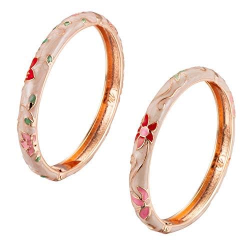 UJOY Enamel Bangle for Women, Handmade Floral Bracelet for Lady Jewellery keepsake, 2 Pcs Rose Gold Bracelet Moonstone Bracelets for Girls Daughter Women, Happy Mothers Day from Daughter