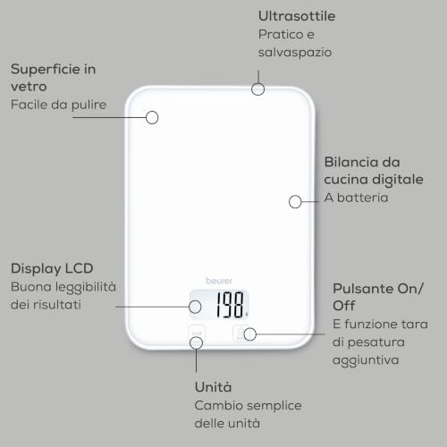 KS 19 Pure White bilancia da cucina digitale, capacità fino a 5 kg (suddivisione precisa al grammo), bilancia domestica con sensore touch, bilancia per alimenti incl. batterie, bianco