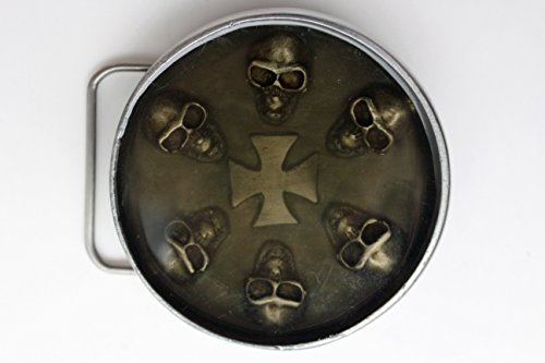 TFJ Men 3D Fashion Belt Buckle Silver Heavy Metal Skull Skeleton Iron Cross Gray