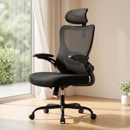 Silla Oficina Ergonómica, Silla Escritorio Ergonómica con Reposacabezas 2D, Soporte Lumbar 2D, Reposabrazos Plegables 3D, Asiento 8 cm, Altura Regulable, Función Basculante, hasta 136 kg