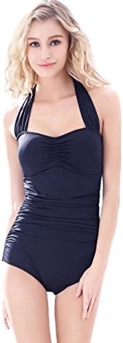 Women's Elegant Coffee Sexy Swimwear One-piece Halter Neck Swim Skirt (M, Black)