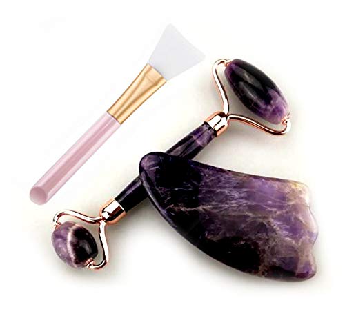 Amethyst Facial Roller + Gua Sha + Brush - Jade Roller & Rose Quartz Roller Alternative - Facial Toner and Massage - Authentic, Durable, Natural, No Squeaks