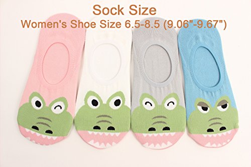 WOWFOOT Women Animal Design No-Show Casual Liner Socks Character Print Non Slip Flat Boat 4 Pair (4pair-lovely crocodile)