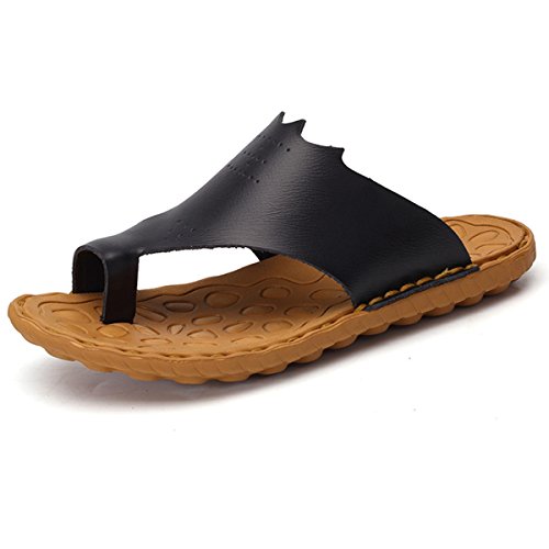 FOXSENSE Premium Genuine Leather Casual Beach Flip Flops for menBlack 9US 43 WZP599
