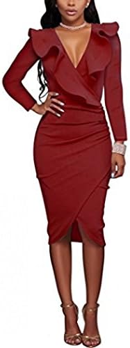 Ridsmc Bodycon Dress Long Sleeve Pencil Dress For Women Wear To Work Dresses Wine Red Size L