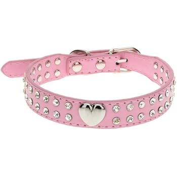 Wowlife Top Pet Dog Leash 2 Rows Rhinestone Bling Heart Studded Leather Dog Collar for Pet Colla (S, Pink)