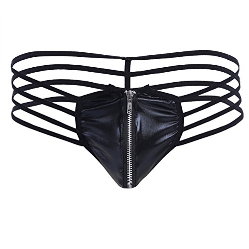 MSemis Men's Lingerie Sexy Patent Leather Strappy Thong Underwear Zipper Open Front Pouch Bikini G-String Black X-Large (Waist 28.0"-42.0")