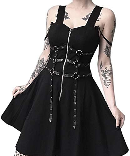 Gothic Dresses for Women Black Zipper Cosplay Skirts Costume Dress Street Punk Sleeveless Dress