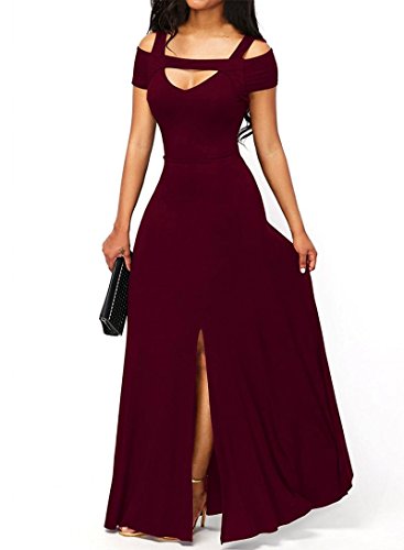 Women s Sexy V neck Cold Shoulder Short Sleeve Maxi Dress Split Formal Evening Party Long Dress Prom Gowns Solid Red M 8 10