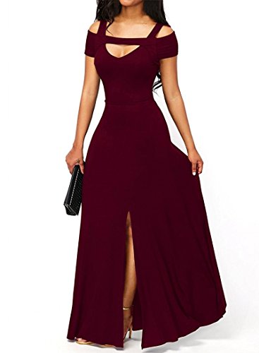 Dearlove Women's Sexy V neck Cold Shoulder Short Sleeve Maxi Dress Split Formal Evening Party Long Dress Prom Gowns Solid Red L 12 14