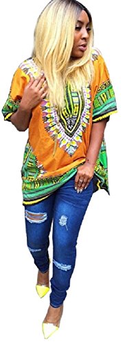 Moxeay Women Traditional African Print Short Sleeve Tops Dashiki Dress