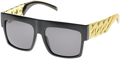 MLC Eyewear Big Oversized Flat Top Retro Hip Hop Thick Chain Frame Sunglasses (Black-Gold, Black)