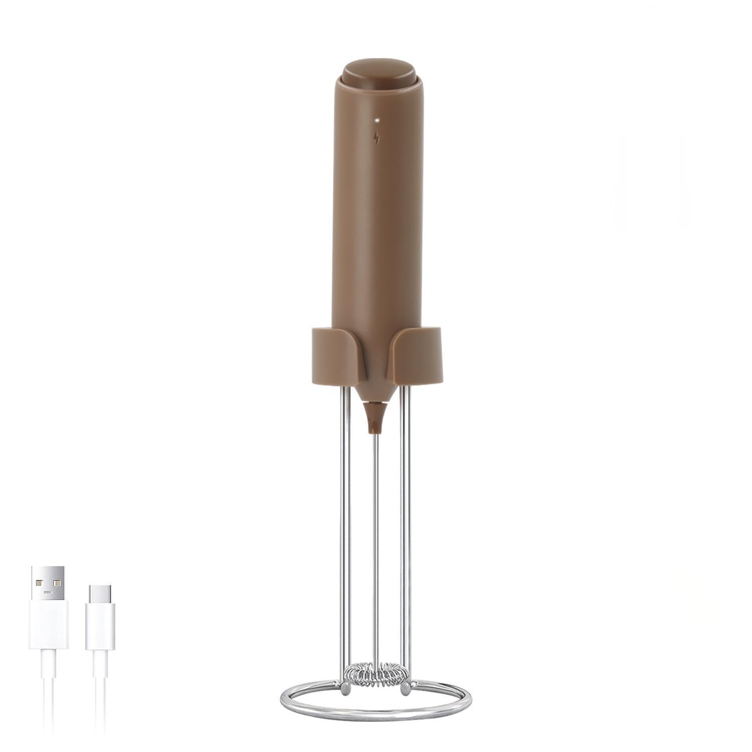 ELMWAY Rechargeable Milk Frother – Handheld Electric Whisk for Coffee, Latte & Matcha, Ergonomic Grip with Charging Stand or Wall Mount Holder – Brown