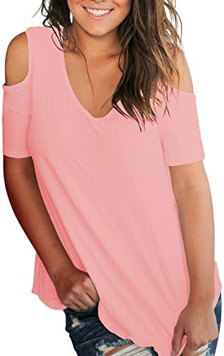 Uvog Womens V Neck Summer Basic Cold Shoulder Short Sleeve T Shirt Tops Pink,X-Large