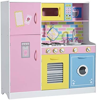 Keinode Large Wooden Play Kitchen Country Vintage Pretend Play Household Toy Role Fun for Children Kids Ping & Yellow & Blue