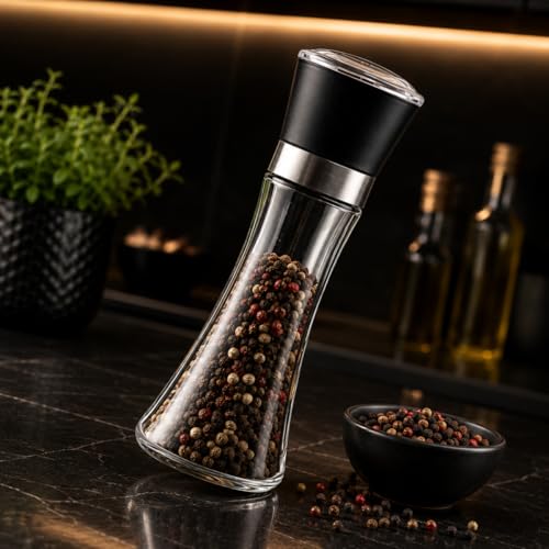 Kit 2 Moedores de Sal e Pimenta Vidro e Plástico Ajuste de Moagem Design Transparente para Temperos
