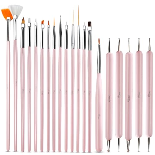 Glow 20 Piece Nail Art Brushes and Dotting Tools Kit – Premium Quality - Perfect For Beginners & Professionals – Practical Affordable Kit With Wooden Handle (Pink)