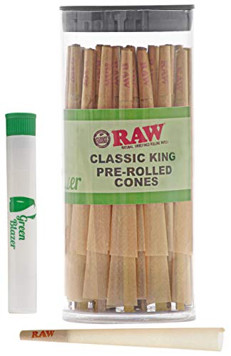 Raw Pre-Rolled Cones Classic King: 50 Pack | King Size Rolling Papers with Filters | Extra Clean and Slow Burning RAW Cone | Includes Green Blazer Doob Tube