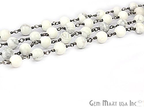 3 Feet Howlite Jade , 6mm Black Plated wire wrapped Rosary Chain for Making Jewelry.(BPJH-30014)