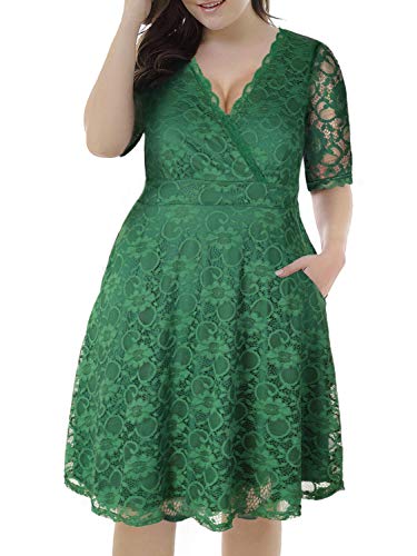 LECCECA Women's Plus Size Floral Lace V Neck Half Sleeves Flared Cocktail Formal Party Swing Dress with Pockets Green, 22W-24W