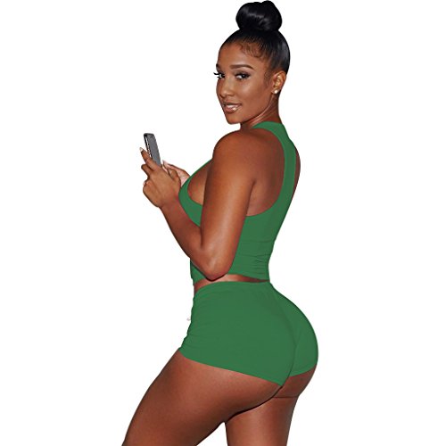 Womens Activewear Sports Sleeveless Tank Top+Shorts 2 Piece Outfits Set Tracksuits Green - Thumbnail 3