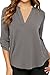 Chase Secret Womens V Neck Blouses Solid Loose Casual Cuffed Sleeve Shirt Top