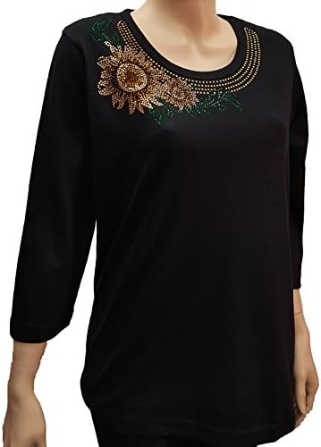 Sunflower Bling Rhinestone Black Shirt with Scoop Neck (L)