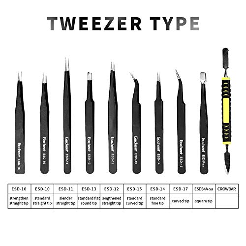 Gocheer Precision Tweezers Set, ElleSye 10 PCS ESD Tweezer Set, Anti-Static Stainless Steel Tweezers Set with crowbar repair tool kit for electronics, jewelry making, industrial and precision work, - Thumbnail 3