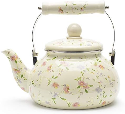 Enamel on Steel Tea Kettle, Porcelain Enameled Teapot, Halogen Induction Cooker Coffee Pot for Stovetop Retro Classic Design 2.5Qt Capacity