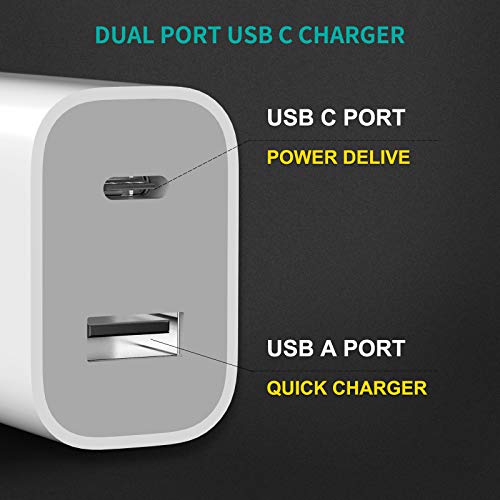 DWH 2-Port Fast Charger with 18W USB C Power Adapter, USB C Charger, Compact Type C Wall Charger for 12/12Mini/12Pro/12Pro Max/11Pro Max/XR/X/SE/8/Pixel 4XL/3A XL/3/3XL/Note10/S10/S9 and More
