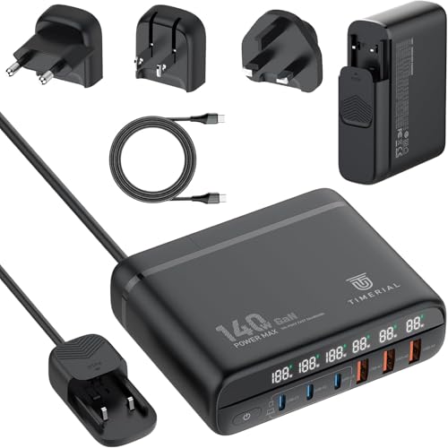 Timerial 140W GaN Fast Travel Charger Station 3 Type C & 3 USB, International Travel US/UK/EU Detachable Plugs,Charging for Laptop Tablet Smart phone,Output Power LED Display,1.5M Extension Cable
