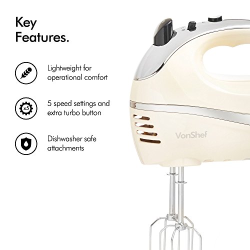 VonShef Cream 250W Hand Mixer Whisk With Chrome Beater, Dough Hook, 5