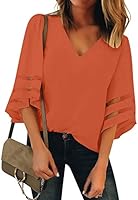 LookbookStore Women's V Neck Mesh Panel Blouse 3/4 Bell Sleeve Loose Top Shirt