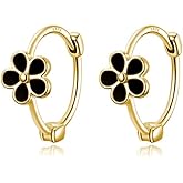 Reffeer Solid 925 Sterling Silver Daisy Flower Hoop Earrings Huggie for Women Teen Girls Black Flower Hoop Earrings Cartilage Helix Earrings