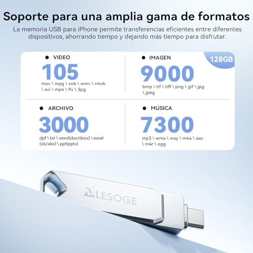 LESOGE Chiavetta USB 128GB Certificata MFi per phone, Memoria Esterna per phone, Chiavetta Lightning USB 3 in 1, Pen Drive USB 3.0 per Android e PC, Memoria Esterna per scaricare foto e video, Argento